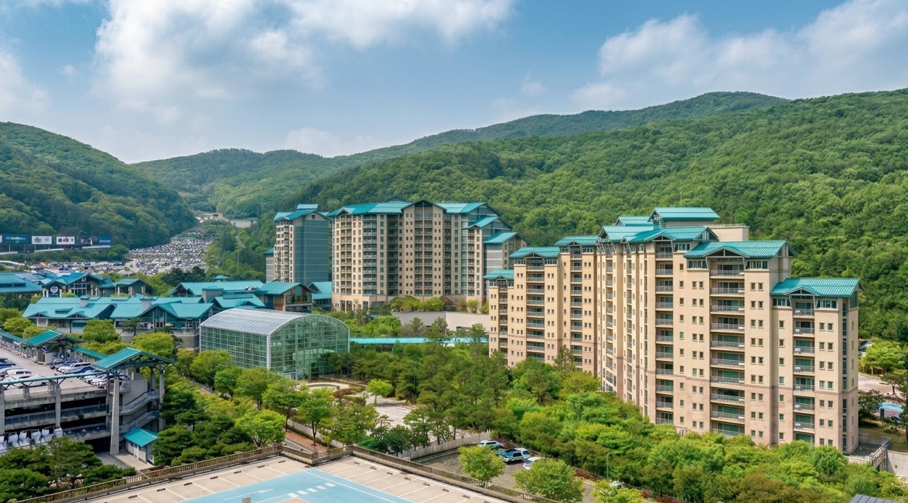 푸른 산과 숲으로 둘러싸인 곤지암리조트 전경